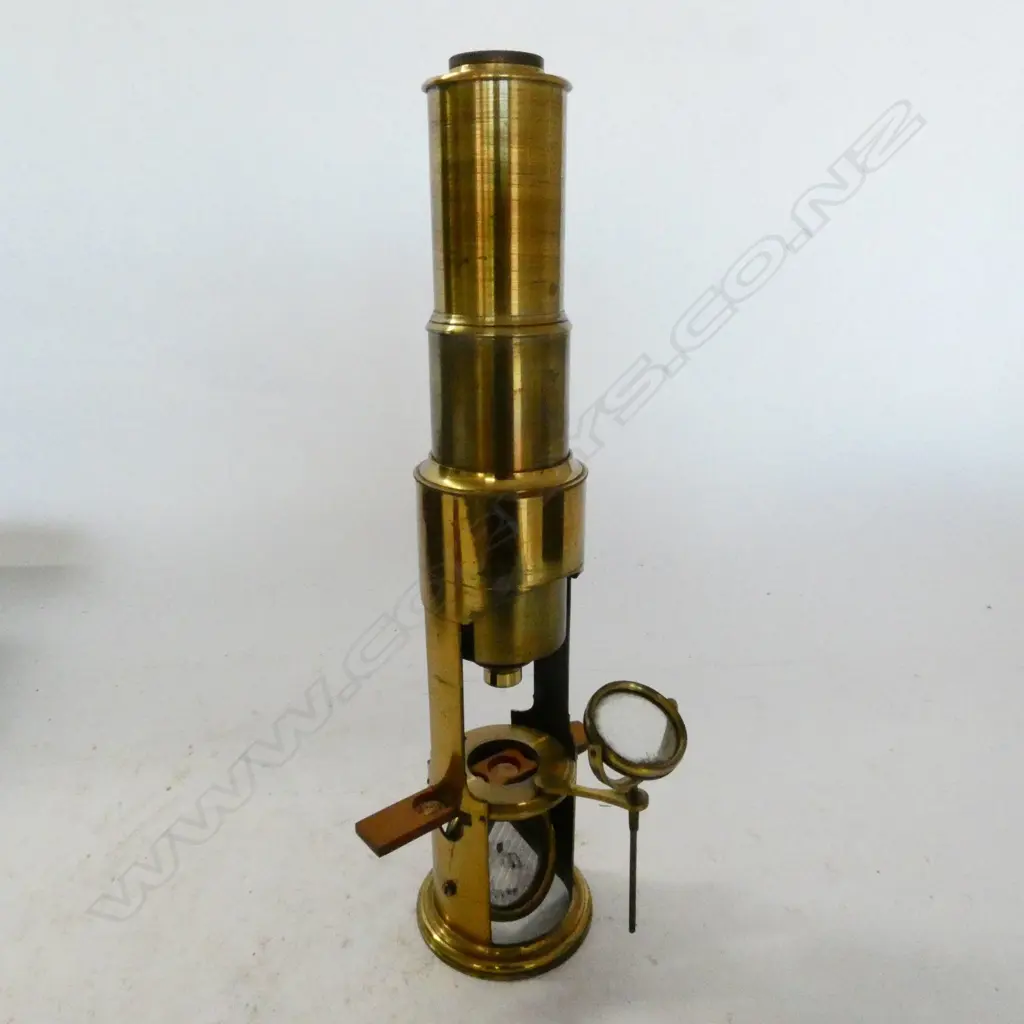 LACQUERED BRASS DRUM MICROSCOPE, c.1850, COMPLETE IN BOX w LENSES, STAGE BULLSEYE, INSECT CLIPS, SLIDES, ETC. Image 1++